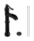 Matte Black Vessel Sink Faucet With Pop Up Drain Waterfall Style Farmhouse Single Hole Lavatory Tap Antique Bowl Look One Handle