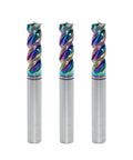 Three 6mm DLC-coated carbide square end mills, 3-flute, front view