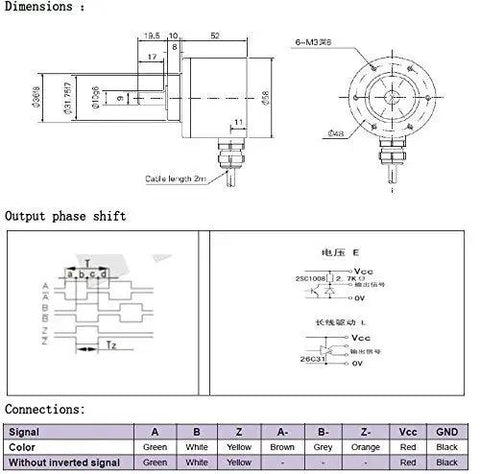 Diagram showing dimensions and connections for 58mm Outer Diameter Optical Incremental Rotary Encoder 1024PPR 10mm Shaft Push Pull Output ABZ Signals With Side Socket 5 To 26V DC For Robotics CNC Automation