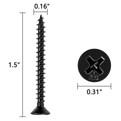 Two Hundred Fifty Black Number Eight By One Inch Half Wood Screws Bulk Box For Cabinet Joinery and Furniture Assembly Crafted From Premium Carbon Steel with dimensions 1.5" and 0.16".