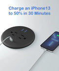 Two Pack Desktop Power Grommet PD20W Fast Charging USBC round flush mount desk outlet with two AC receptacles.