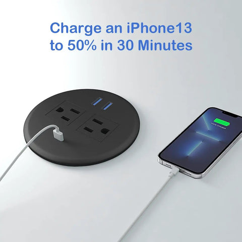Two Pack Desktop Power Grommet PD20W Fast Charging USBC round flush mount desk outlet with two AC receptacles.