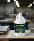 Pro Grade Green Coolant For Plasma Cutting That Protects Table Surfaces And CNC Beds From Rust With Slag Release Formula 5 Gallons container on workbench