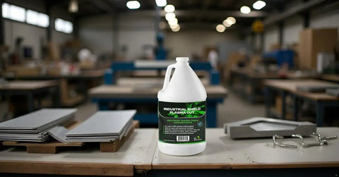 Pro Grade Green Coolant For Plasma Cutting That Protects Table Surfaces And CNC Beds From Rust With Slag Release Formula 5 Gallons container on workbench