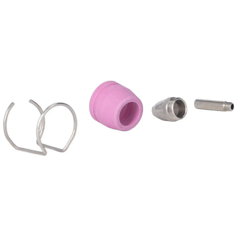 Premium Plasma Torch Rebuild Kit For Welding Pros Featuring stainless steel rings plus ceramic nozzle conductive electrode and complete consumables set, showing pink ceramic nozzle, metal electrode, and retaining clip.
