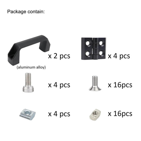 10 Series 1010 Hinge And Door Handle Kit For 1 By 1 Inch Aluminum Profiles Includes pivot hinges, handles, screws, and nuts package contents.