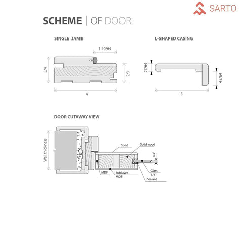 Technical diagram of Two Door Double Swing French Interior Doors With Frosted Glass, Matte Black Finish, MDF Frame, highlighting jamb and casing.