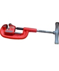 Heavy Duty Pipe Cutter For 3 To 50 mm Tubing, red tool with T-shaped handle, used for clean cuts in metal and plastic, ideal for tight spaces.