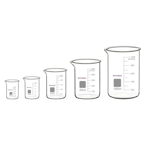 Five Piece High Borosilicate Glass Beaker Set with graduated 50, 100, 250, 500, 1000 ml sizes for precise measuring in lab or home chemistry projects