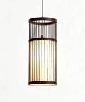 YAXDQUW Modern Style Bamboo Pendant Light Handcrafted Hanging Ceiling Lamp featuring a cylindrical design with wooden slats.