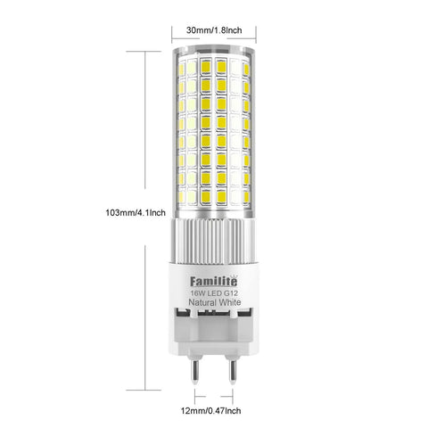 LED G12 Corn Bulb 16W Natural White 4000K Bi Pin Pack Of 4 shown in detail with dimensions and ceramic base visible