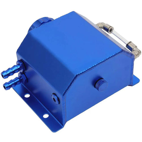 Fresh Rad Blue Universal Coolant Reservoir Tank With One Liter Capacity Radiator Overflow Bottle, aluminum construction, side view.