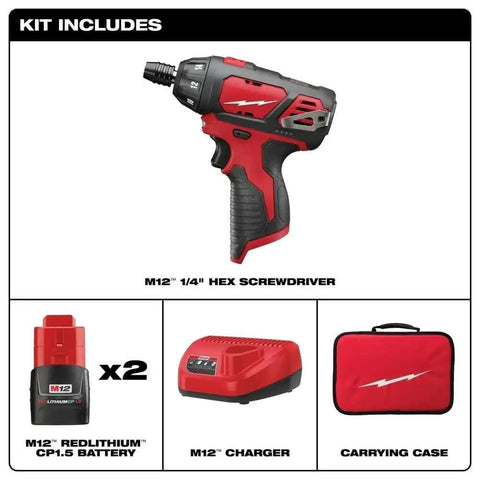 Hella Compact And Ridiculously Slick 12V Cordless Driver Drill Kit With Variable Speed Trigger Quick Change Chuck 175 Inch Pounds Torque And Real Time Battery Fuel Gauge, includes screwdriver, batteries, charger, and carrying case.