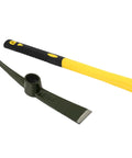 Two Piece 15 Inch Pick Mattock Hoe Set With Yellow Fiberglass Handle For Garden Cultivation And Prospecting Durable Forged Carbon Steel Head Workhorse Tool For Digging Weeding And Breaking Ground; unassembled head and handle