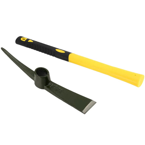 Two Piece 15 Inch Pick Mattock Hoe Set With Yellow Fiberglass Handle For Garden Cultivation And Prospecting Durable Forged Carbon Steel Head Workhorse Tool For Digging Weeding And Breaking Ground; unassembled head and handle