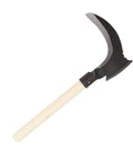 High Manganese Steel Double Scythe Handheld Garden Tool with wooden handle for outdoor mowing and weeding.