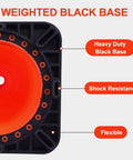 Close-up of weighted black base of Six Pack 28 Inch Traffic Safety Cones Orange Heavy Duty Construction Cone Set, showing features.