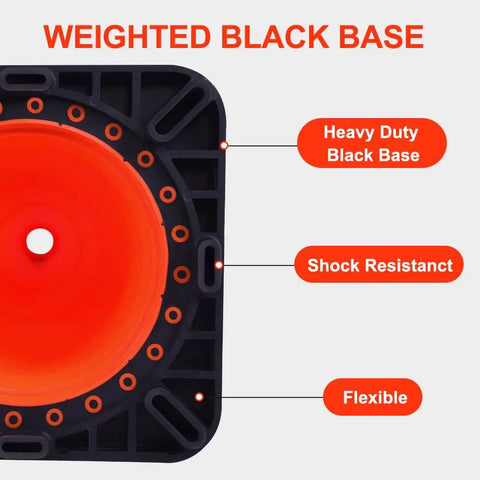 Close-up of weighted black base of Six Pack 28 Inch Traffic Safety Cones Orange Heavy Duty Construction Cone Set, showing features.
