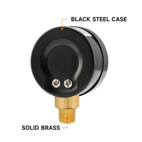 Two Inch Pressure Gauge For CO2 Beer Keg Regulator Left Hand Thread 0 To 3000 Psi Dual Scale Black Steel With Red Zone Alert