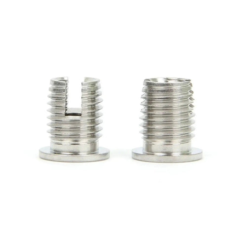 High Grade 302H Stainless Steel Self Tapping Thread Inserts Slotted Type For Fast And Easy Metalworking Repair Jobs On M8 Threads Made To Go Bump, showing two threaded inserts.