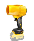 Brushless Leaf Blower Cordless 20V Handheld Jet Fan Turbo Air For Patio And Lawn Care High Speed 30000 RPM Blows Leaves And Dust Fast Quick Drying No Battery Or Charger Included. - Side view of yellow and black handheld blower highlighting ergonomic handle and nozzle.