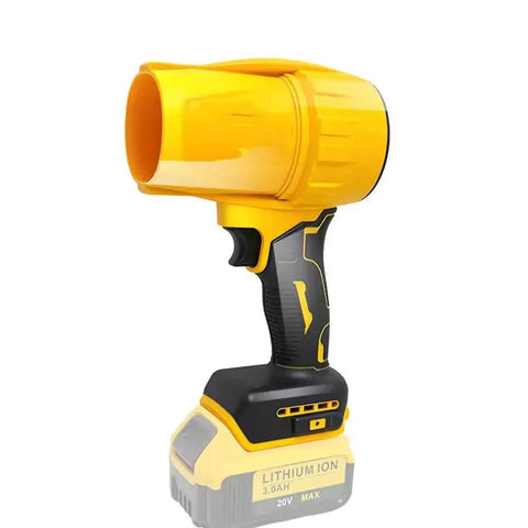 Brushless Leaf Blower Cordless 20V Handheld Jet Fan Turbo Air For Patio And Lawn Care High Speed 30000 RPM Blows Leaves And Dust Fast Quick Drying No Battery Or Charger Included. - Side view of yellow and black handheld blower highlighting ergonomic handle and nozzle.