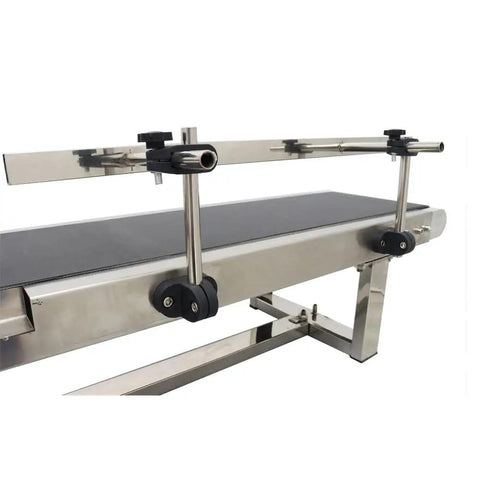 Heavy Duty 110V PVC Belt Conveyor System With Adjustable Guardrail, Desktop Industrial Transport Conveyor, side view of stainless frame