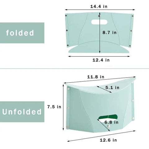 Dimensions of Ultralight Folding Camping Stool For Hiking And Outdoors, 0.5 inch thick folded, 9 oz, blue, folded and unfolded view.