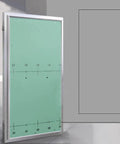 No Sweat Installation Paintable Concealed Access Panel For Drywall Walls And Ceilings Featuring Spring Loaded Pop Out Mechanism showing flush mount design and size scale.