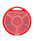 Top view of Bucket Seat Small Parts Organizer For 5 Gallon Buckets With Locking Lid, visible 6 compartments in red plastic.