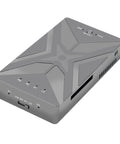 Slick Aluminum M.2 NVMe SSD RAID Enclosure showcasing ports and controls, designed for efficient data transfer and cooling.