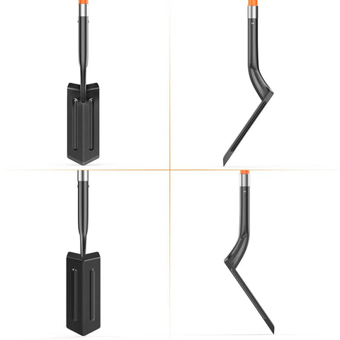 Heavy Duty Trench Shovel For Digging With 56 Inch Orange Fiberglass Handle And Narrow Spade, V Cut High Strength Steel, shown from multiple angles