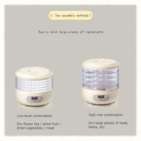 Pro Level Electric Food Dehydrator Featuring Hella Slick Digital Controls And Five Spacious Trays, showing low and high assembly methods.