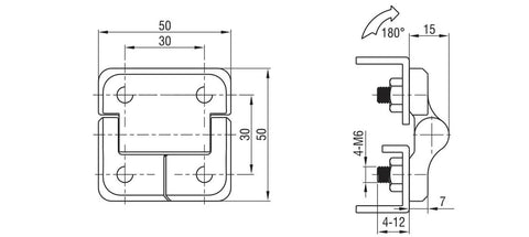 Technical diagram of zinc alloy hydraulic gate hinge with constant friction torque for 50x50 doors, showing measurements.