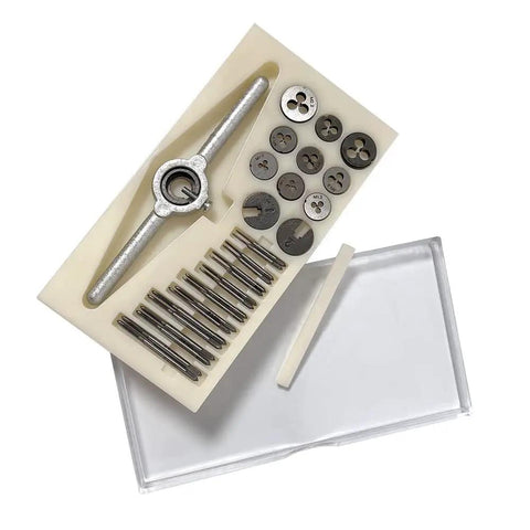 31 Piece Micro Metric Tap And Die Set For M1 To M2.5 Internal And External Threads Repair In Small Electronics Watches And Models Pro Grade HSS With Rust Resistant Coating For Durable Handy Tool Kit in a case.