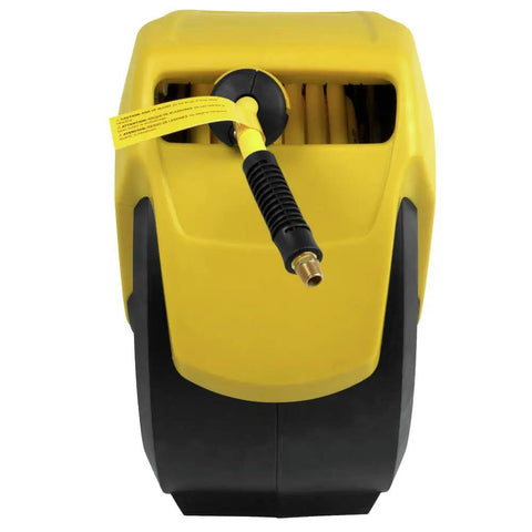 Three Eighths Inch Fifty Foot Hybrid Polymer Air Hose With Auto Retract Enclosed Reel, front view, bright yellow and black design.
