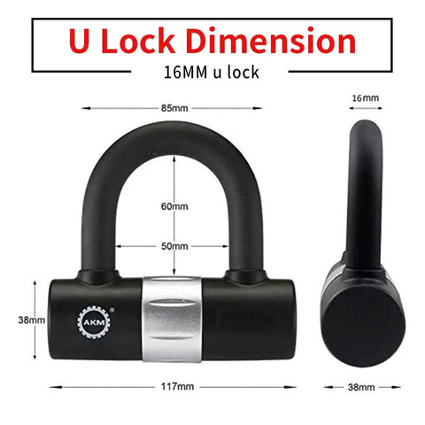 U lock dimensions for Heavy Duty Bike Chain Lock 160cm Long With 10mm Thick Manganese Steel Chain Anti Theft Security Rotating Lock Cylinder Includes 4 Keys And 16mm U Lock For Moped Scooter And Motorcycle, showing measurements.
