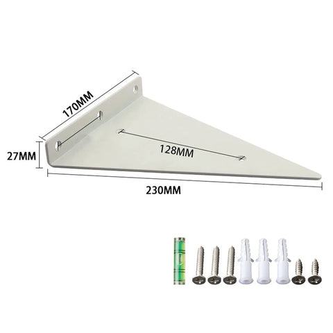 Hella Sturdy Hidden Shelf Brackets Weight Bearing Floating Support Heavy Duty Triangle Wall Mounts For Living Room Decor And Rust Resistant Display 2 Pack White with dimensions and mounting hardware.
