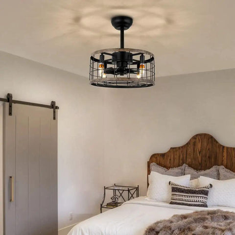 Small 18 Inch Caged Ceiling Fan With Lights And Remote Control Industrial Rustic Farmhouse Enclosed Bladeless Ceiling Fan in bedroom