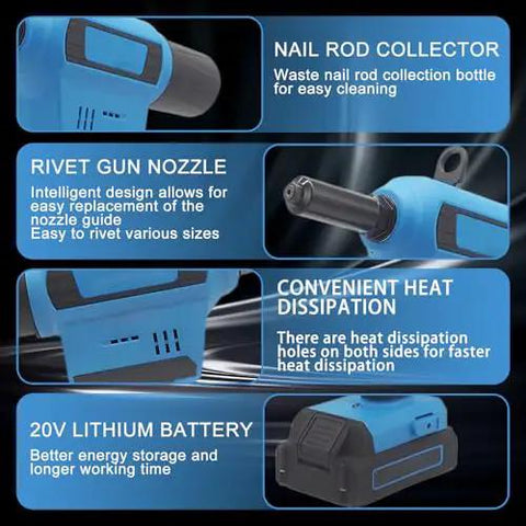 Close-up of Straight Up Rock Solid Pro Cordless Brushless Riveting Gun Kit features: nail rod collector, rivet gun nozzle, heat dissipation, 20V lithium battery.
