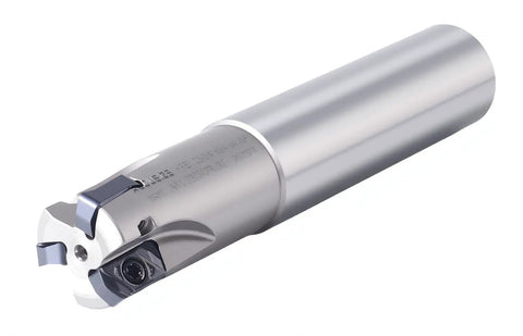Front view of 3/4 Inch High-Feed Indexable End Mill With 3 Flutes And 3/4 Inch Shank, Carbide TiAlN Coated, Accepts LNMU030312R-JM Inserts