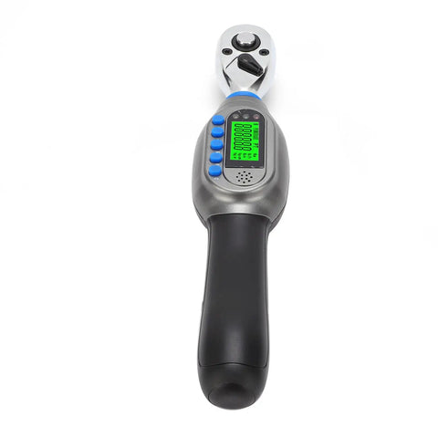 Hot Digital Torque Wrench 3/8 Inch Electric Tool, Accurate Chrome Steel With Light Blue Backlit Display, ±2% Precision For Motorcycle And Bike Repair, Tightening Bolts With Ease, showing front view with display.
