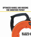 Klein Tools 56380 Non-Conductive Electrical Fish Tape handle showing optimized design for smoother payout, 100 ft, fiberglass material.