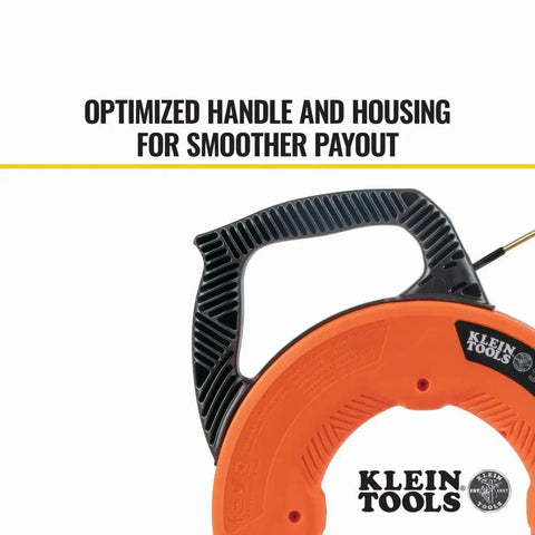 Klein Tools 56380 Non-Conductive Electrical Fish Tape handle showing optimized design for smoother payout, 100 ft, fiberglass material.