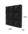 Rock Solid Acoustic Foam Panels 6 Pack Pyramid Soundproof Wall Decor 12X12X2 Inch black pyramid foam panel with dimensions shown.