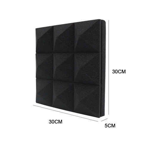Rock Solid Acoustic Foam Panels 6 Pack Pyramid Soundproof Wall Decor 12X12X2 Inch black pyramid foam panel with dimensions shown.