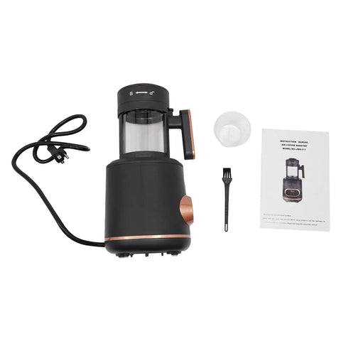Electric Coffee Bean Roaster Machine With Programmable Temperature Settings Led Display And Measuring Cup For Fresh Home Roasting That Hits Different Every Single Time on display with instructions and measuring cup.
