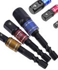 Grab These 3-Piece Drill Socket Adapter Sets With One-Quarter, Three-Eighth And Half Inch Hex Shank Extensions Perfect For Your Impact Wrench Driver Kit. ball lock steel socket adapters