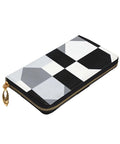 Top Shelf Black And White Piano Plate Grid Long Wallet Premium Synthetic Leather Zipper Closure with gold zipper.