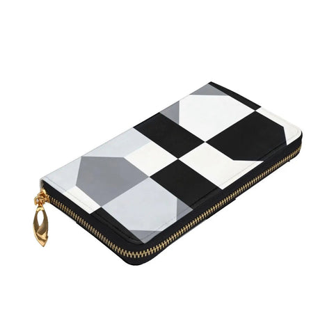 Top Shelf Black And White Piano Plate Grid Long Wallet Premium Synthetic Leather Zipper Closure with gold zipper.